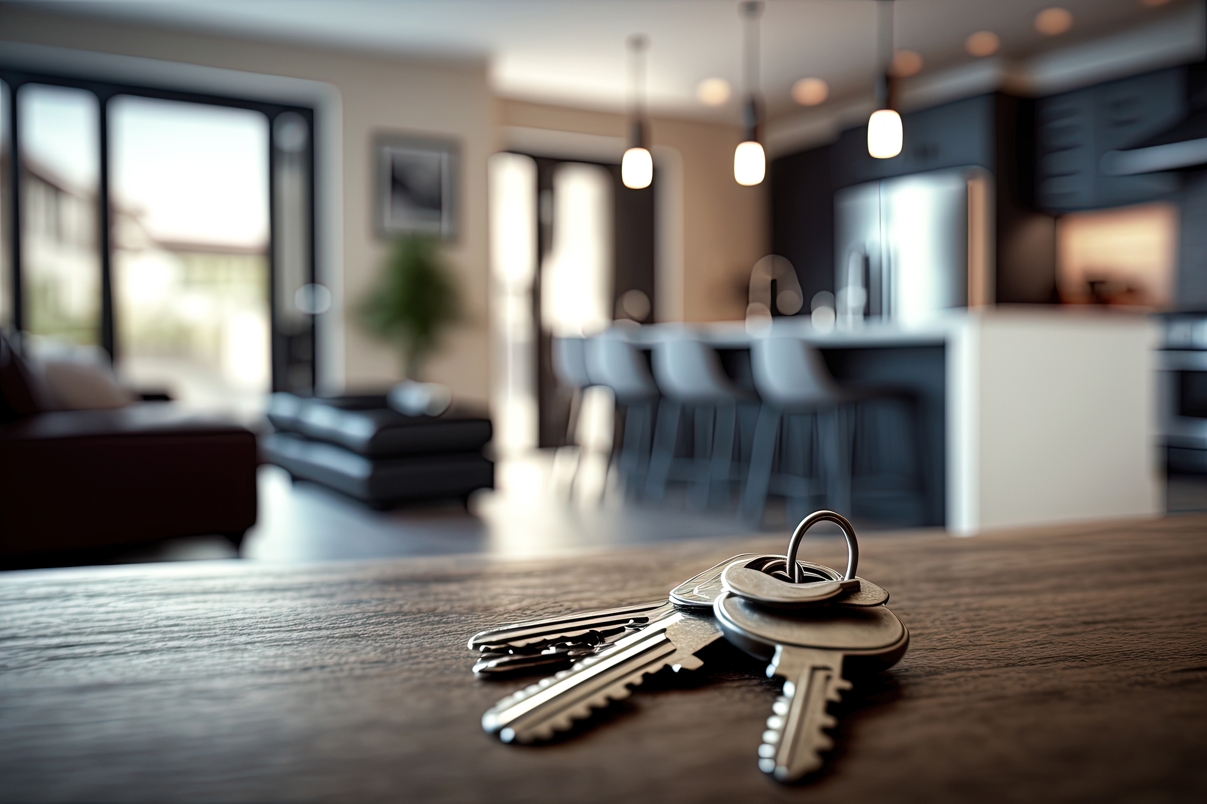 Mortgage concept. Keys on background new modern apartment or hotel room